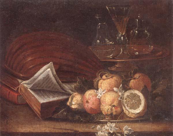 unknow artist Still life of a lute,books,apples and lemons,together with a gilt tazza with a wine glass and decanters,all upon a stone ledge Spain oil painting art
